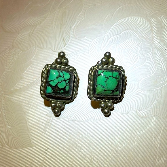 Vintage Navajo Kingman Turquoise Sterling Silver 925 Earrings bezel setting 🔥🔥 - Picture 1 of 6
